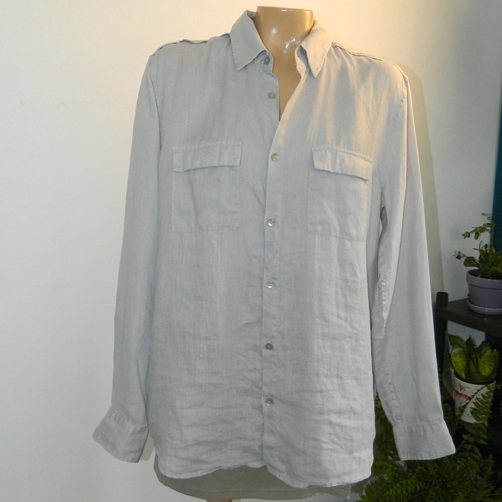 Calvin Klein Linen Button Down Womens Medium Grey Blend Utility Safari Shirt